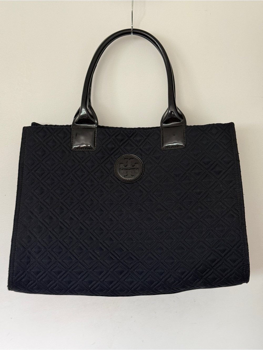 Tory Burch Black Quilted Tote with Patent Handles